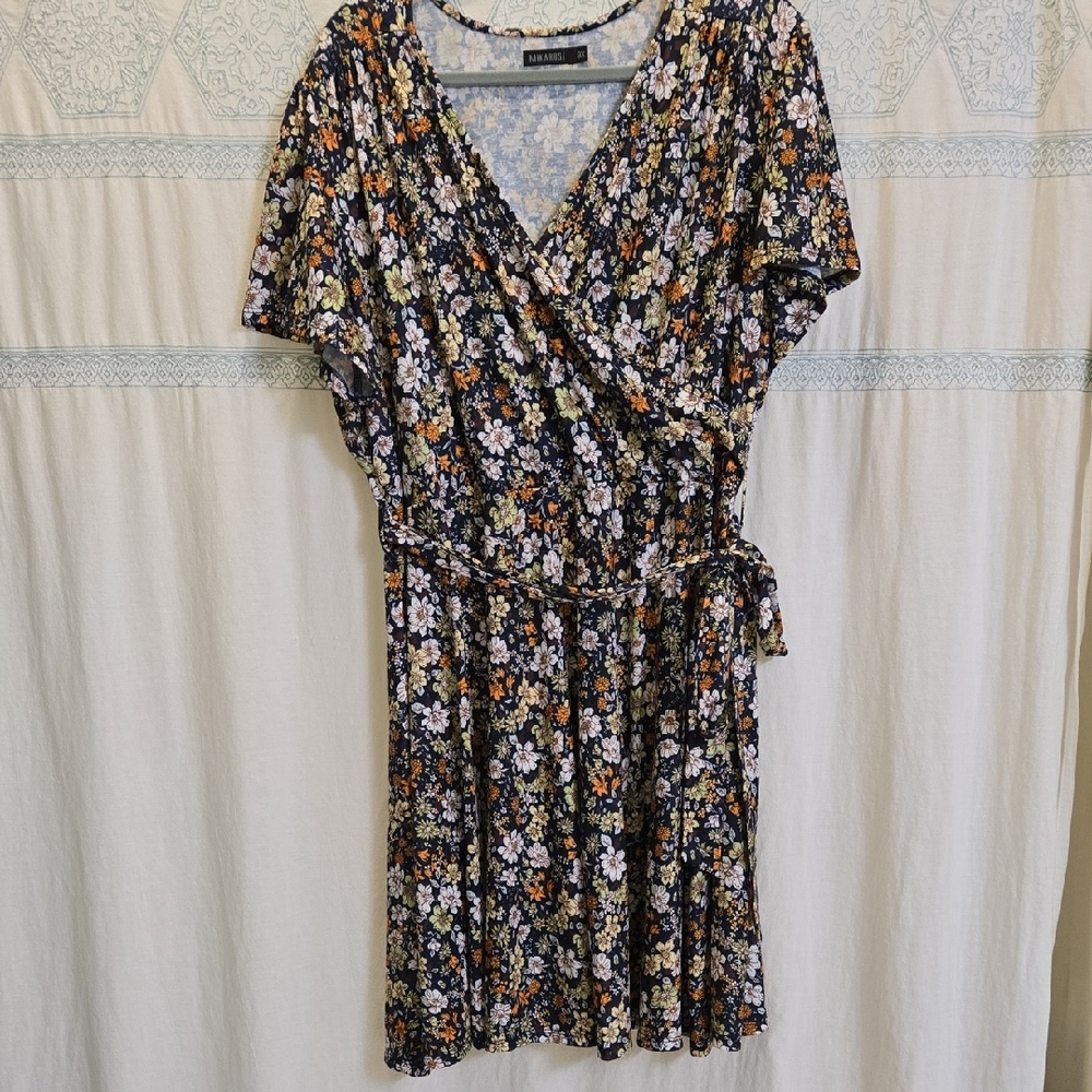 Mikarose Navy Floral Mini Faux Wrap Dress